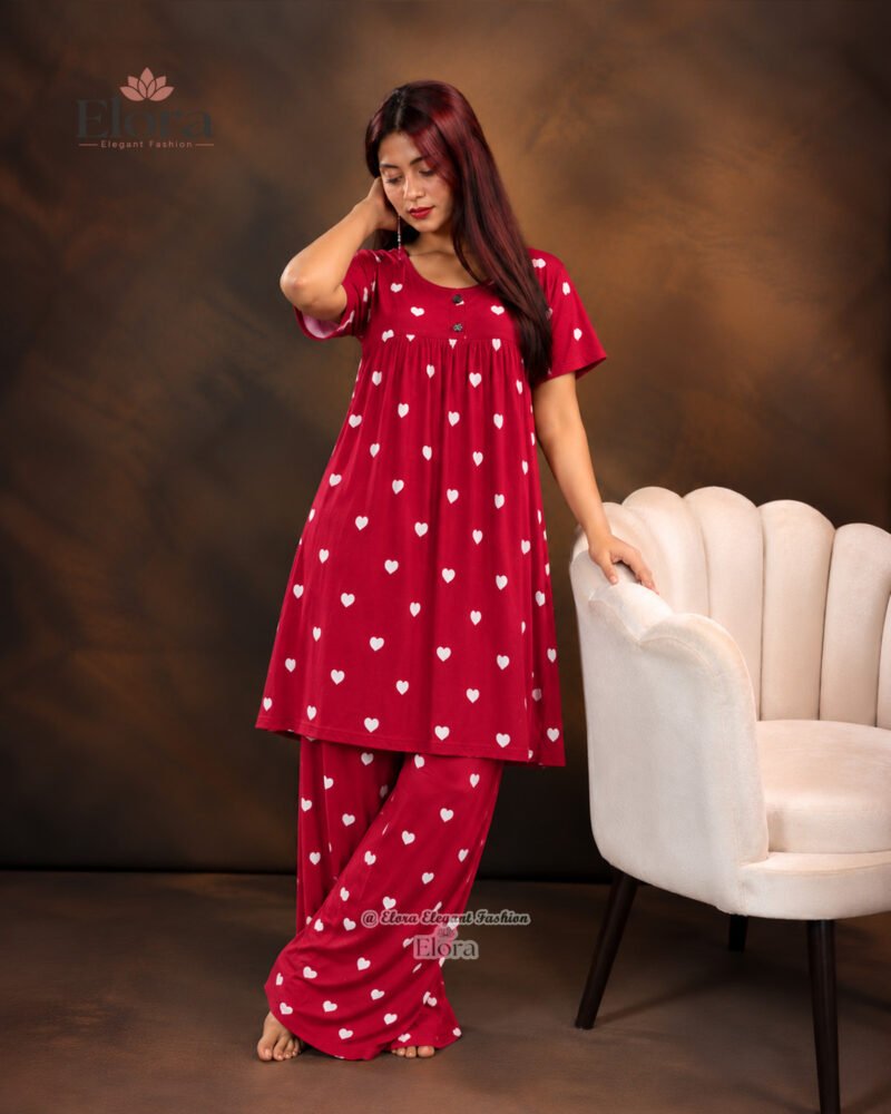 Elora Women’s Plus Size Soft Heart Printed Tunic Set Deep Red