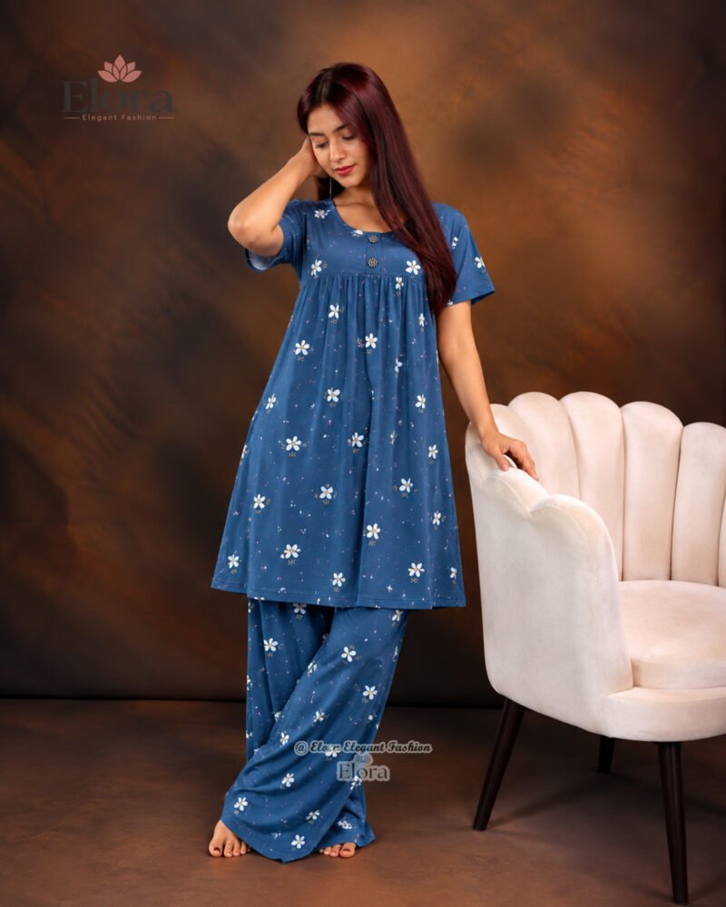 Elora Women’s Plus Size Soft Daisy Printed Tunic Set Blue